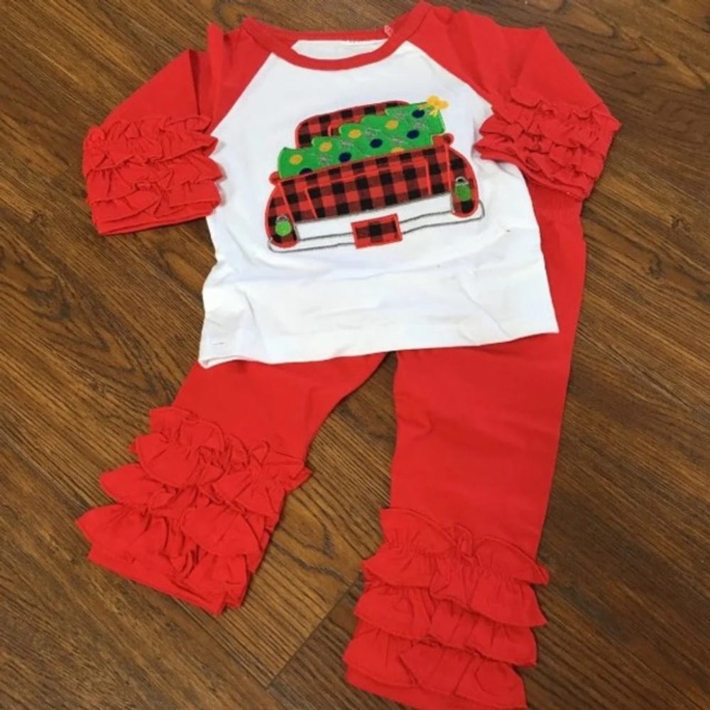 Christmas Tree 🎄 Truck Ruffle Top and Pants Set